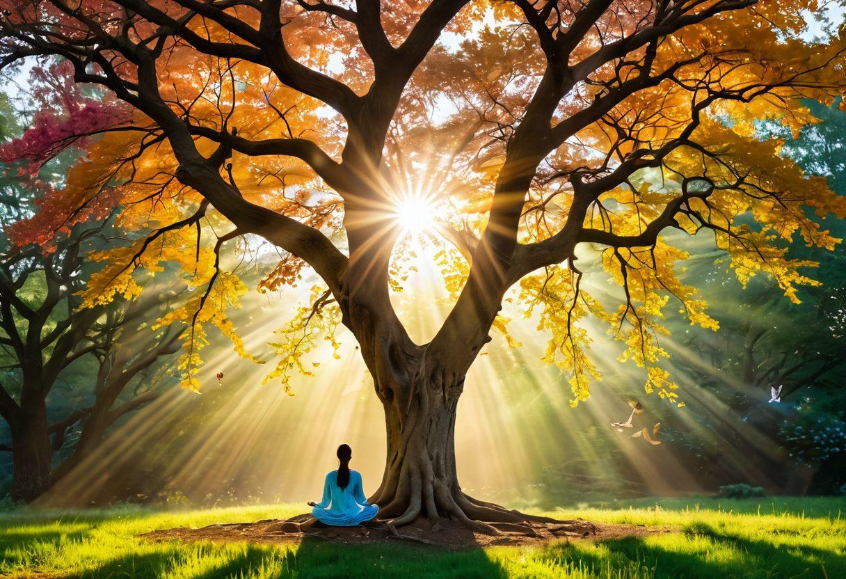 A serene landscape featuring a person meditating under a sprawling tree, with rays of sunlight breaking through the leaves, symbolizing bliss and contentment. Surround the scene with elements like blooming flowers and fluttering butterflies, representing joy and positivity. Incorporate soft, warm colors that evoke a sense of peace. surrealistic. vibrant colors. nature-inspired.