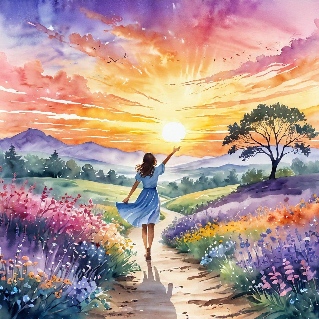 A serene landscape under a radiant sunrise, where blooming flowers symbolize joy and a winding path signifies the journey of embracing optimism. Include a silhouette of a person with arms open wide towards the sky, exuding a sense of freedom and positivity. Soft pastel colors enhance the uplifting atmosphere, embodying hope and new beginnings. watercolor style. vibrant colors.