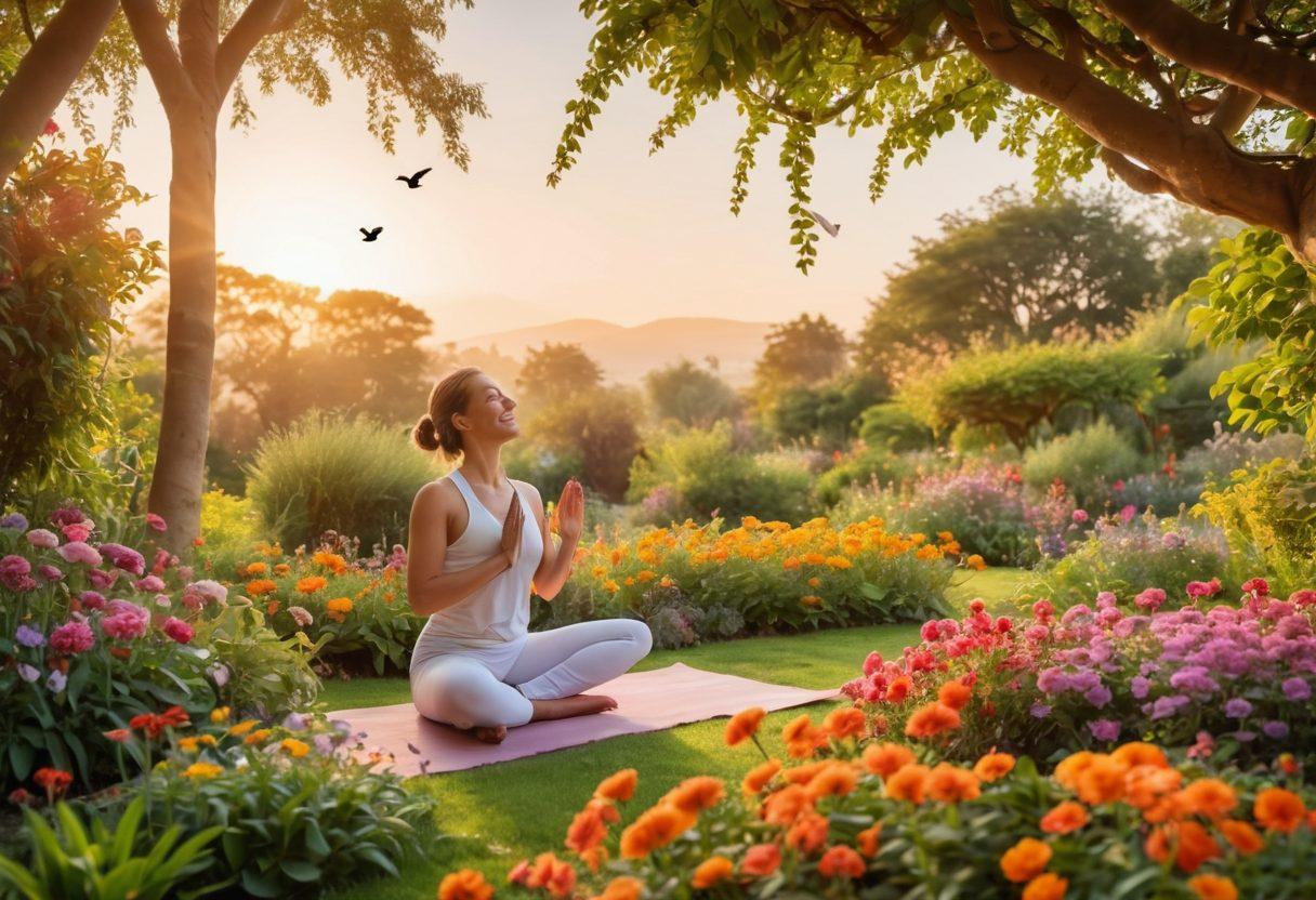 A serene landscape during sunrise, featuring a smiling person practicing yoga in a lush garden filled with colorful flowers, with birds flying in the background. The atmosphere exudes tranquility and joy, emphasizing themes of contentment and small daily pleasures. soft colors, nature-inspired, peaceful and uplifting aesthetic.